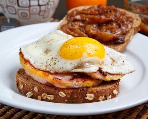 Peameal Bacon Breakfast Sandwich with Maple Caramelized Onions and a Fried Egg