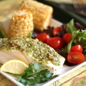 Baked Halibut with Pine Nut, Parmesan and Pesto Crust