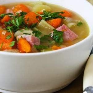 Pressure Cooker Vegetable Soup with Giant White Beans, Ham, and Bay Leaves
