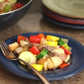 Red Potato, Bell Pepper and Zucchini Skillet with Spicy Sausage