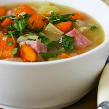 Pressure Cooker Vegetable Soup with Giant White Beans, Ham, and Bay Leaves