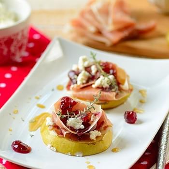 "Pass the Prosciutto - Bruleed Pears with Prosciutto, Cranberry Sauce, and Goat Cheese"