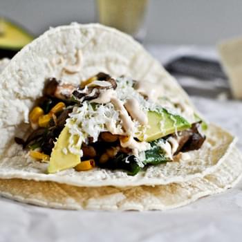 Grilled Corn, Mushroom + Roasted Poblano Tacos