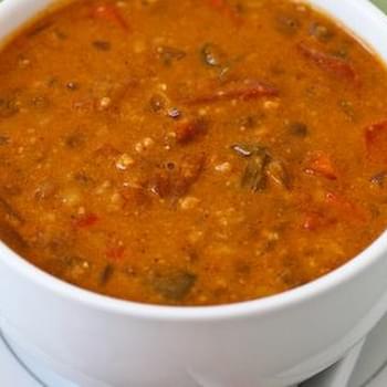 African Inspired Crockpot Soup with Peanut Butter, Chiles, Brown Rice, and Lentils