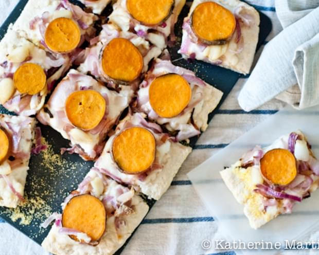 Easy Homemade Pizza with Fresh Mozzarella, Roasted Garlic and Onions, and Sweet Potato