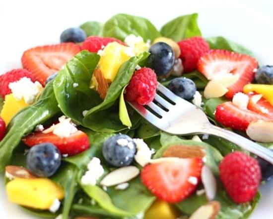 Spinach Salad with Fruit, Almonds, and Feta Cheese