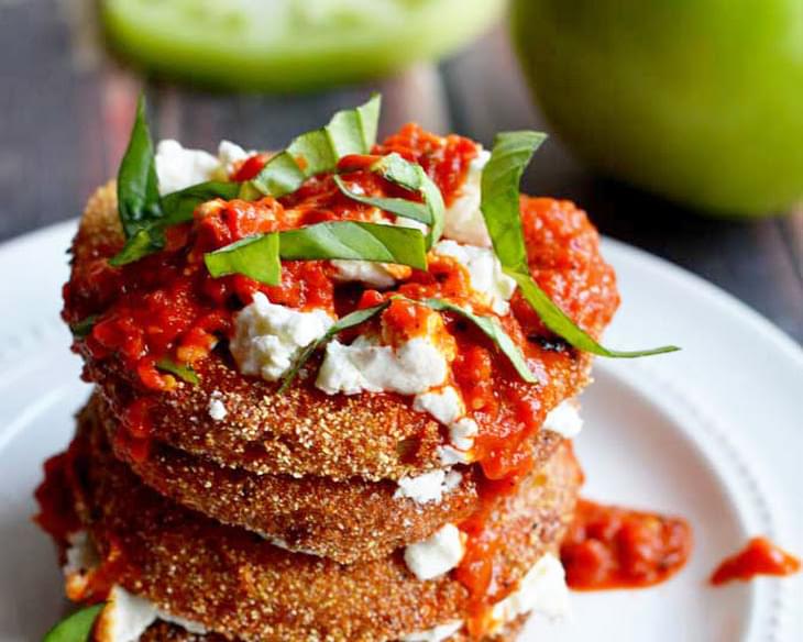Fried Green Tomatoes with Goat Cheese and Roasted Red Pepper Vinaigrette