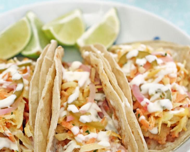 Fried Fish Tacos with Rainbow Slaw and Quick Pickled Onions