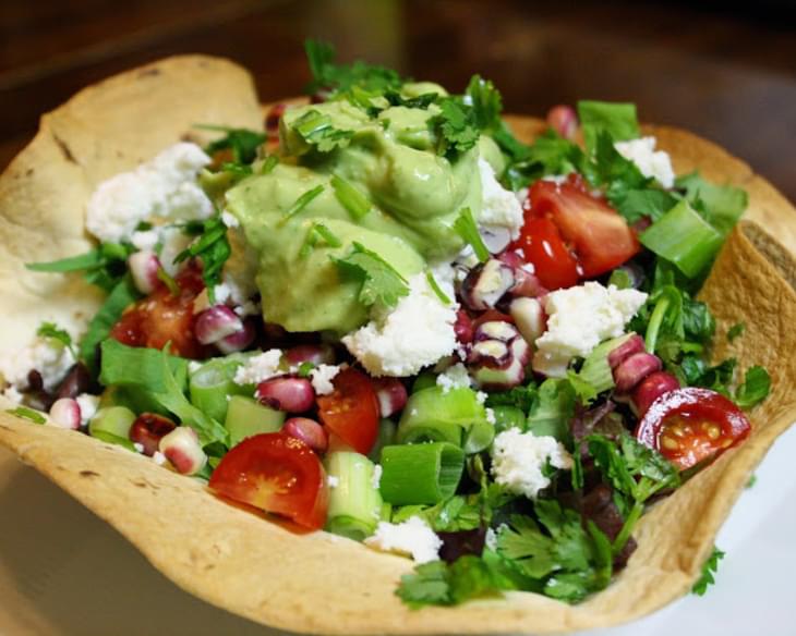 Taco Salad In Tortilla Bowls With Avocado Dressing