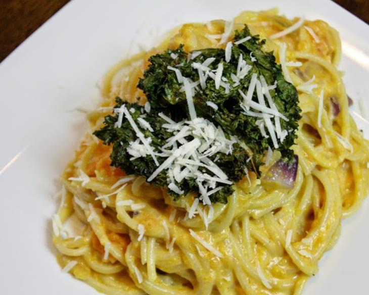 Pasta With A Light Sweet Potato Cream Sauce And Kale Chips