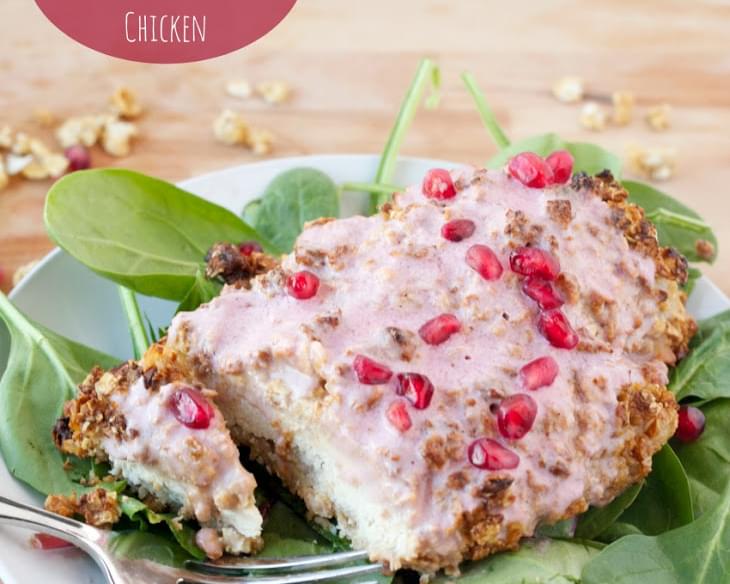 Baked Granola Crusted Raspberry Pomegranate Chicken