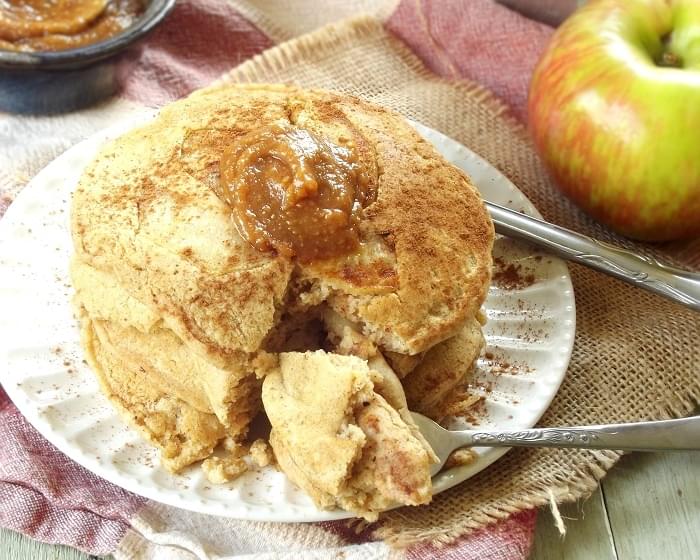 Caramelized Apple Pancakes with Peanut Butter Maple Topping