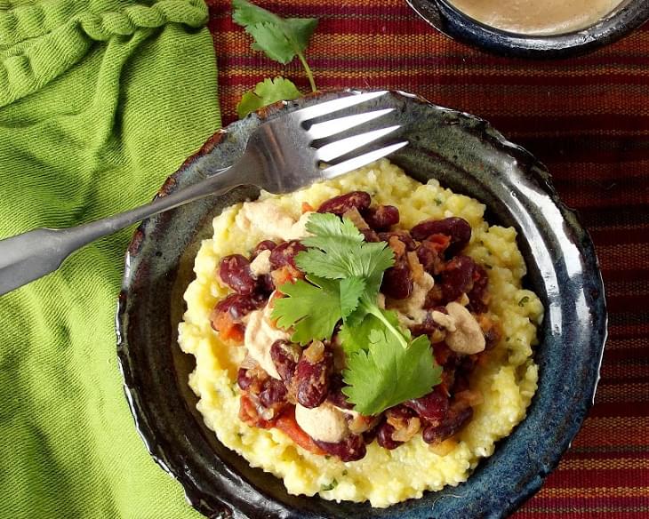 Creamy Polenta with Spicy Red Beans and Chipotle Cashew Cream