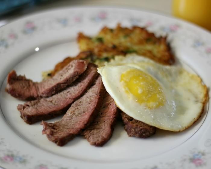 Potato Pancakes with Filet Mignon and Fried Eggs #SundaySupper