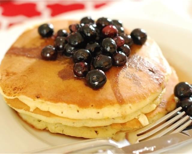 Lemon Cream Cheese Pancakes with Blueberry Maple Syrup