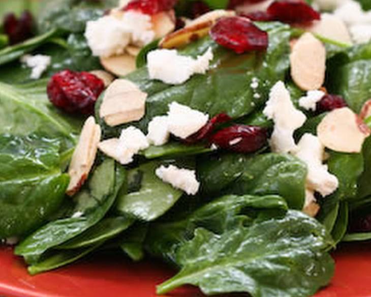 Thanksgiving Spinach Salad with Dried Cranberries, Almonds, and Goat Cheese