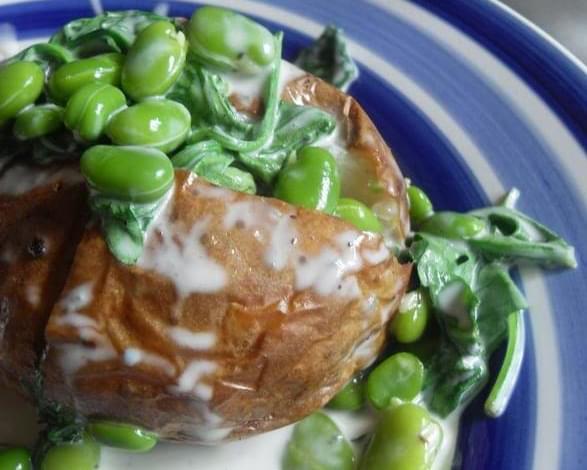 Baked Potatoes with Broad Beans, Rocket and Blue Cheese