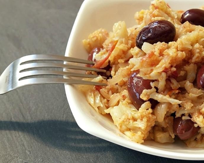 Stewed cauliflower with Kalamata olives & sun dried tomatoes