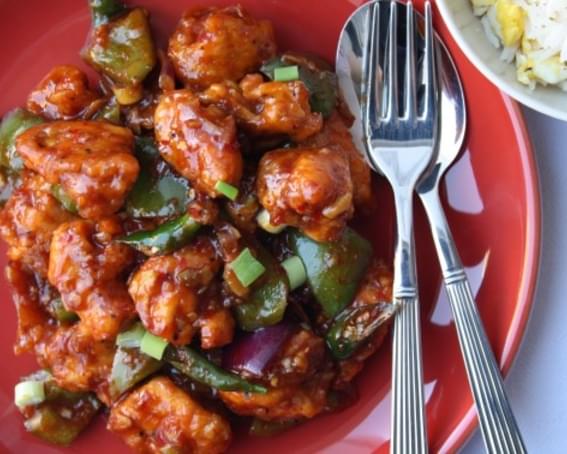 Indian Chilli Chicken - Batter fried chicken coated in a garlic, soy & chilli gravy