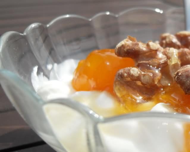 Greek Yogurt with Apricot Preserves, Walnuts and Honey