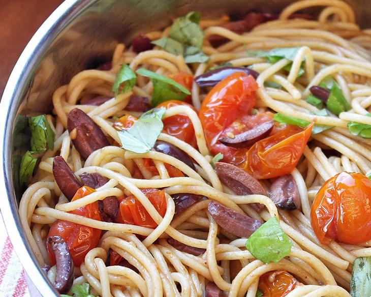 Spaghetti with balsamic roasted cherry tomatoes & Kalamata olives