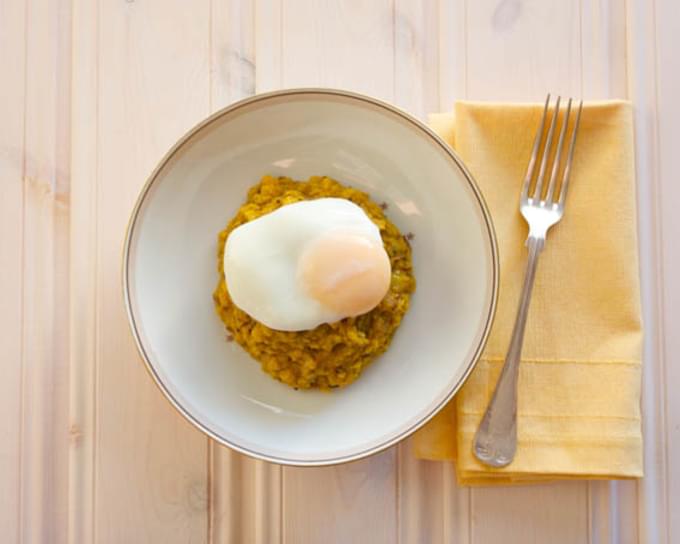 Warming Chana Dal Curry with Spiced Shallots & Poached Eggs