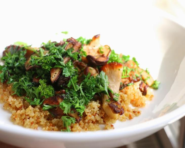 Butter and Vinegar Infused Mushrooms, Quick Crispy Quinoa and Crispy Parsley