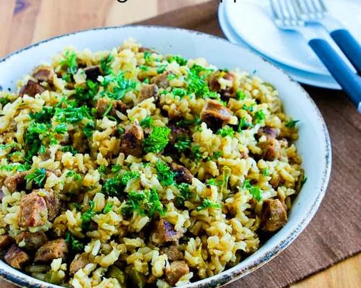 Slow Cooker Spicy Brown Rice with Sausage and Peppers
