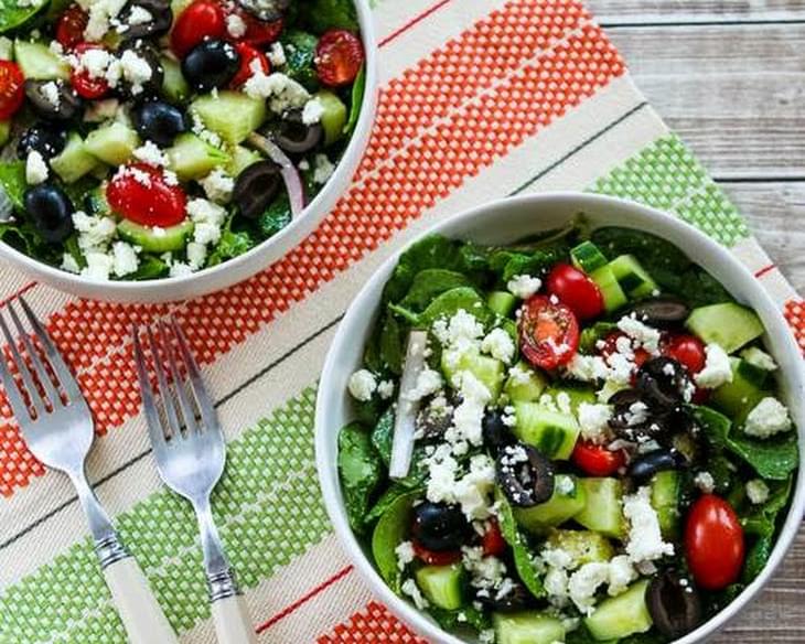 Spinach and Kale Salad with Greek Flavors and Feta-Lemon Vinaigrette