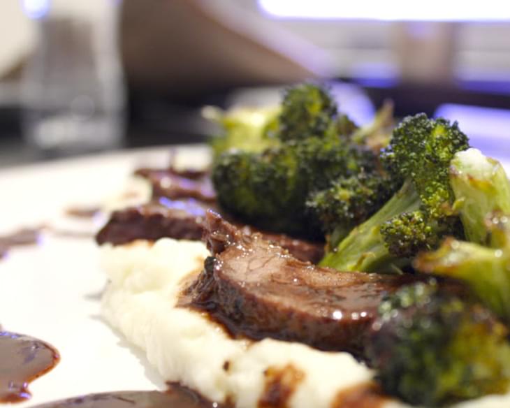 Red Wine Braised Beef with Blue Cheese Mashed Potatoes and Broccoli