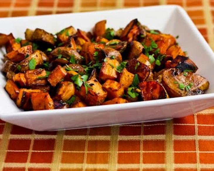 Roasted Sweet Potatoes and Mushrooms with Thyme and Parsley