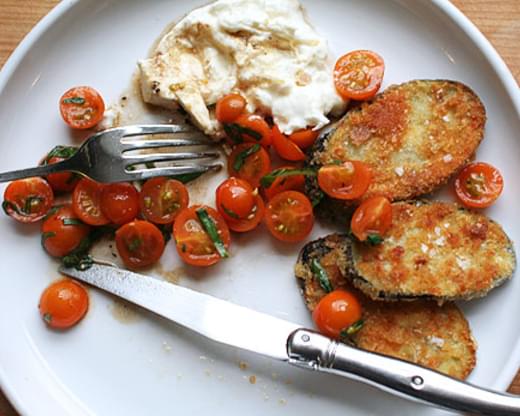 Tomatoes with Crisp Fried Eggplant and Burrata (from Martha Stewart Living)