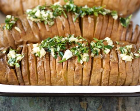 Hasselback Sweet Potatoes with Compound Herb Ghee
