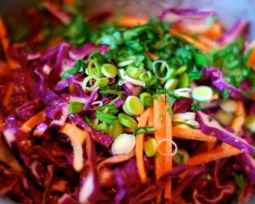 Red Cabbage Slaw with Tangy Carrot Ginger Dressing