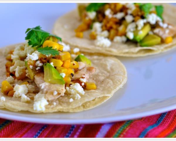 Grilled Chicken Tacos with Corn & Tomatillo Sauce