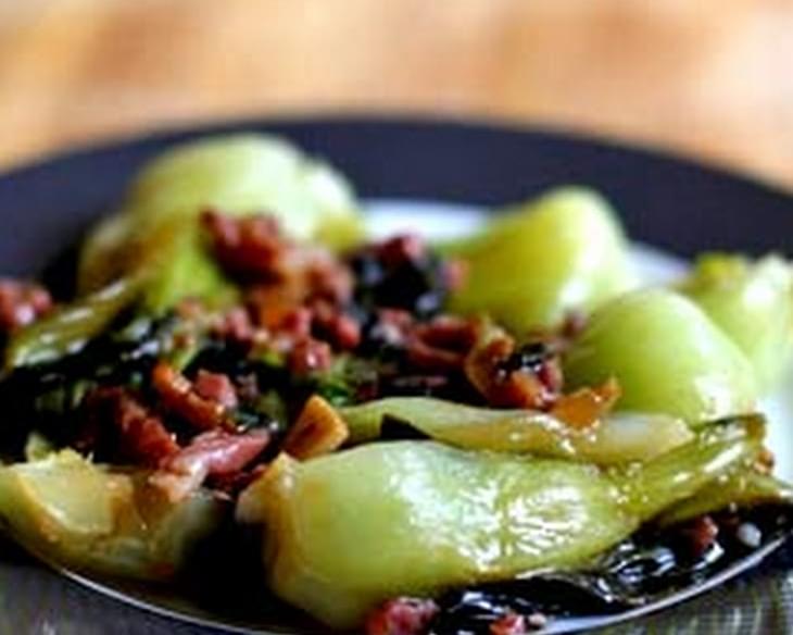 Baby Bok Choy with Sherry and Prosciutto