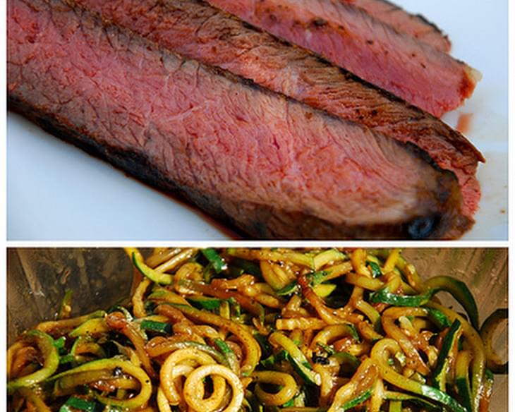 Balsamic Marinated London Broil Steak with Pan-Fried Zucchini Noodles