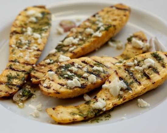 Grilled Yellow Squash with Fresh Dill Vinaigrette and Feta