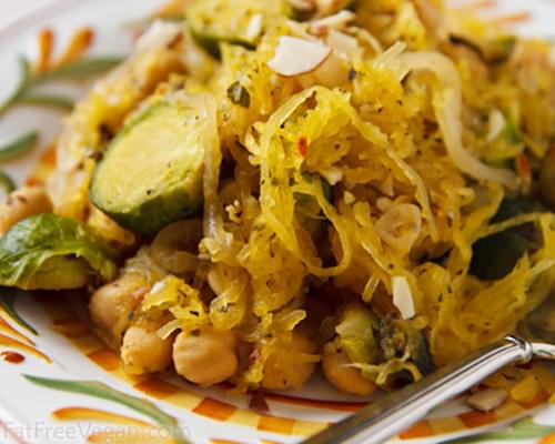 Spaghetti Squash with Roasted Brussels Sprouts and Chickpeas