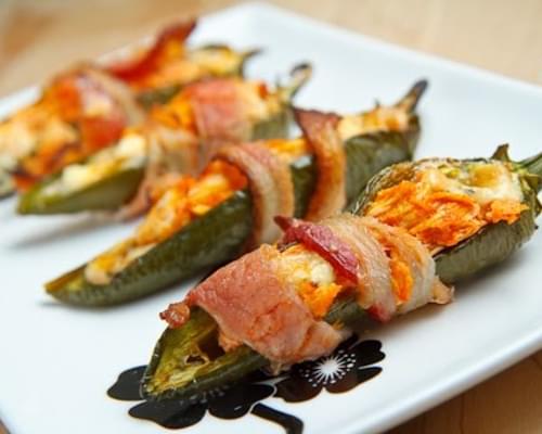 Bacon Wrapped Buffalo Chicken Jalapeno Poppers