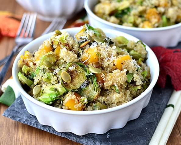 Quinoa with Caramelized Butternut Squash and Roasted Brussels Sprouts