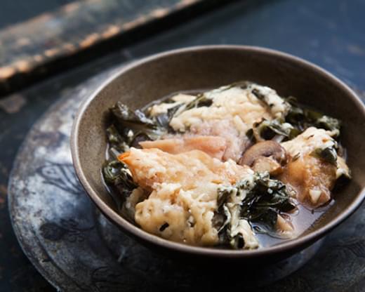 Bread Soup (Panade) with Onions, Chard, and Mushrooms
