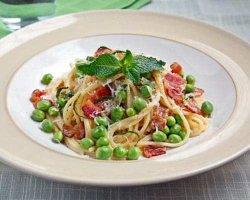 Spaghetti alla Carbonara with Peas