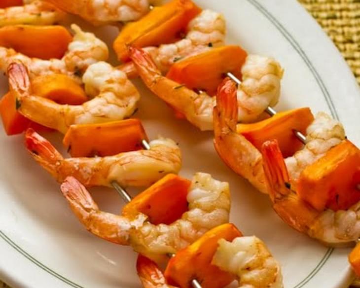 Garlic and Rosemary Roasted Shrimp Skewers with Fuyu Persimmon (or other fruit or veggies)