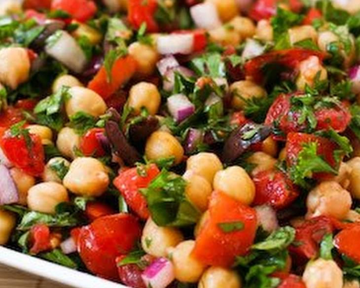 Chickpea Salad with Tomatoes, Olives, Basil, and Parsley