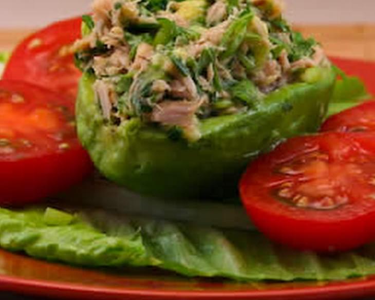 Tuna Stuffed Avocado Salad with Tomatoes, Cilantro, and Lime