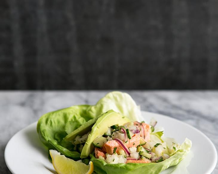 Salmon Lettuce Wraps with Cucumber, Jicama, and Ginger