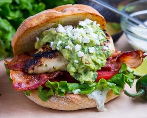 Tequila Lime Grilled Chicken Club Sandwich with Guacamole and Roasted Jalapeno Mayo