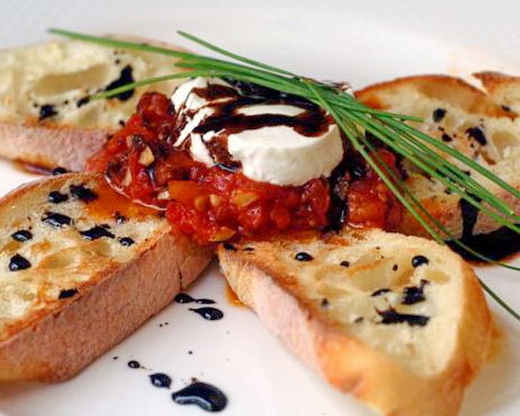 Roasted Tomato Jam and Goat Cheese Bruschetta with Balsamic Reduction