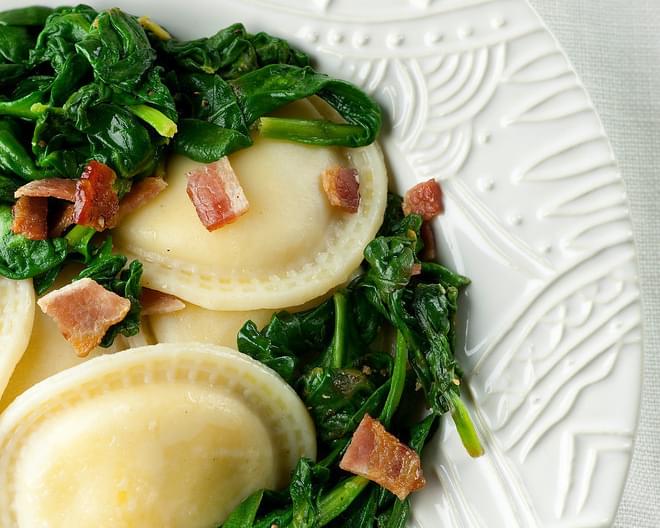 Ravioli with Baby Spinach and Bacon